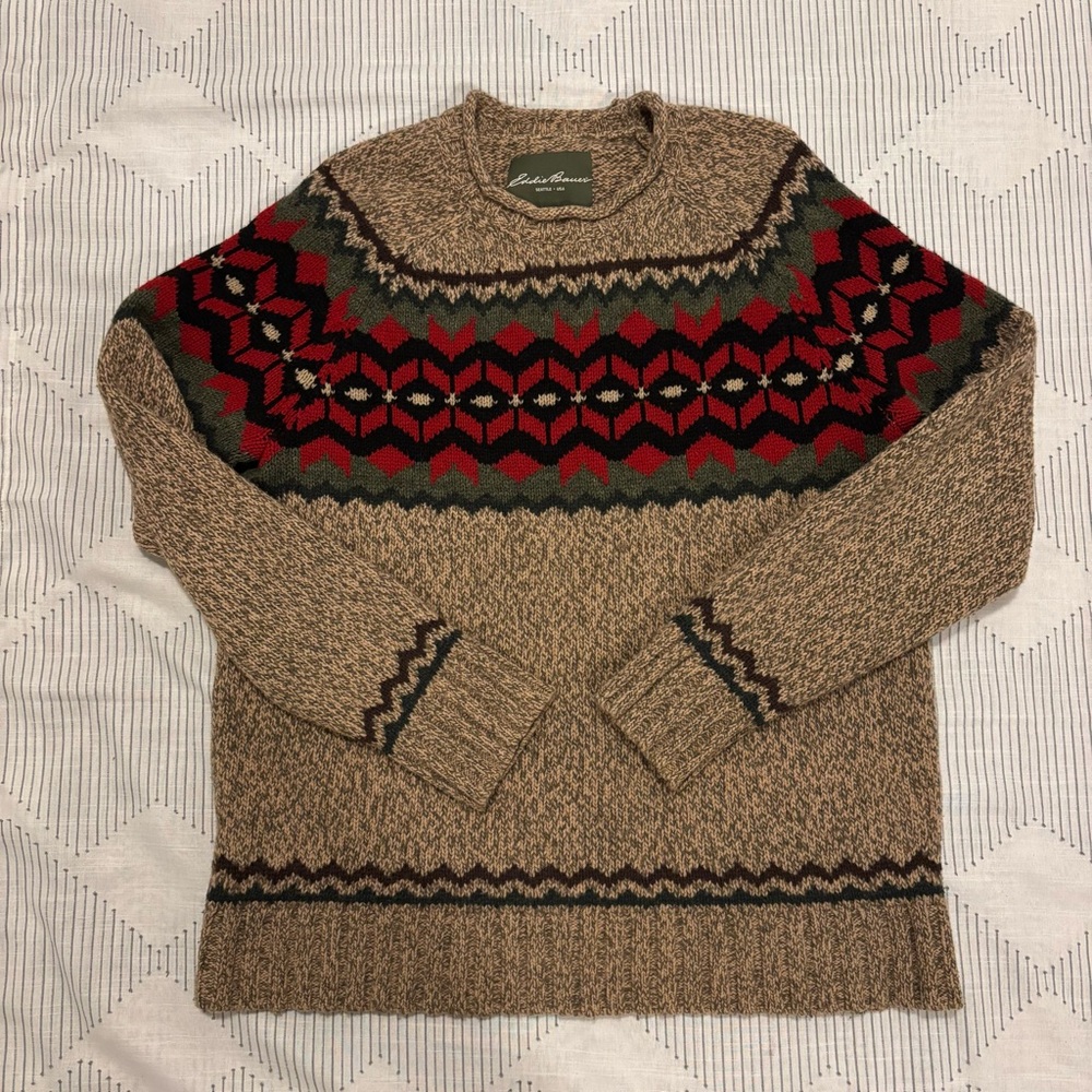VTG Eddie Bauer Fair Isle Wool Crewneck Knit Nordic Sweater Men's Large